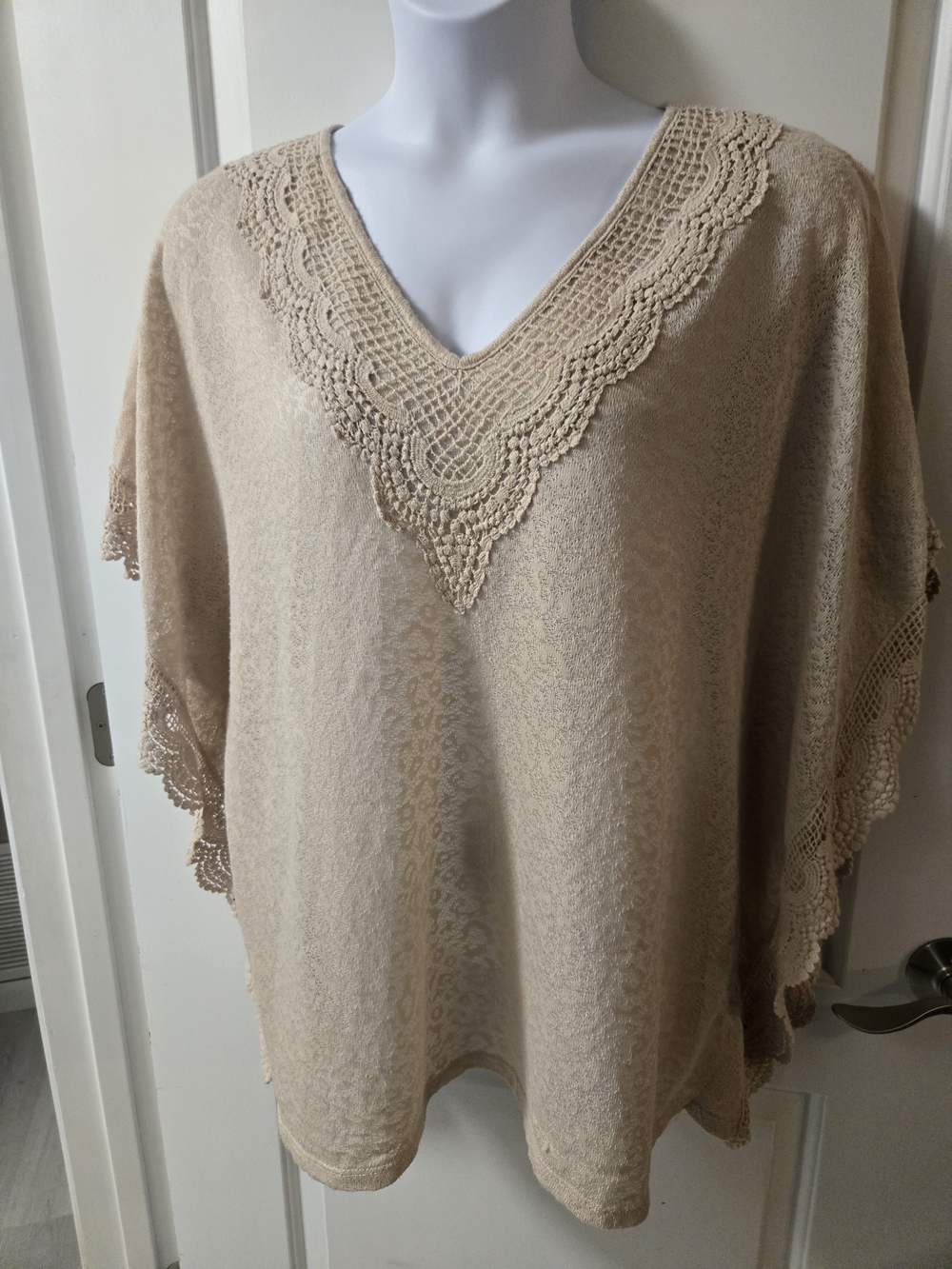 Lace-Trim V-Neck Sweater Poncho - Beige